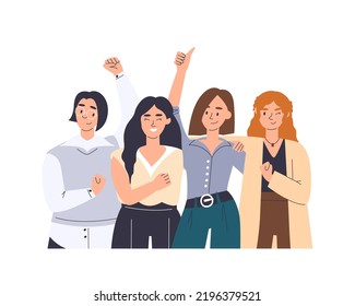 El equipo de mujeres de negocios logró su objetivo. Personajes femeninos felices y emocionados celebran la victoria. Concepto de poder femenino para el día internacional de la mujer y el mes de la historia de la mujer. Ilustración plana dibujada a mano por el vector