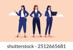 Businesswomen team - Group of three professional smiling women standing in professional business clothing. Flat design vector illustration