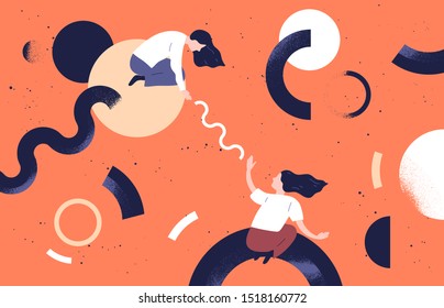 Businesswomen teamwork concept flat vector illustration. Female coworkers cartoon characters and abstract geometrical shapes. Business partnership. Coworking, support and problem solving concept.