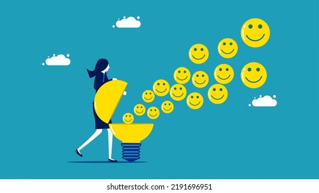 Businesswomen think optimism. smiley face icon floating from the light bulb