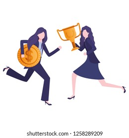 businesswomen with trophy and coin character