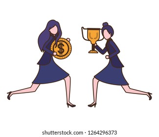 businesswomen with trophy and coin character