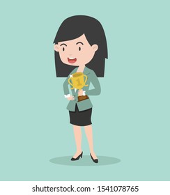 Businesswomen with trophy cup flat icon
