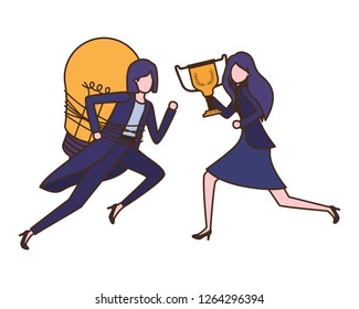 businesswomen with trophy and light bulb character