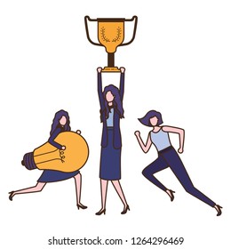businesswomen with trophy and light bulb character