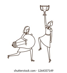businesswomen with trophy and light bulb character