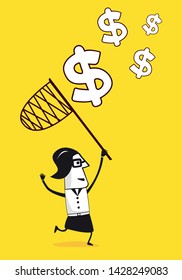 Businesswomen trying to catch dollar symbol