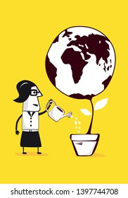 Businesswomen trying to  grow up a globe