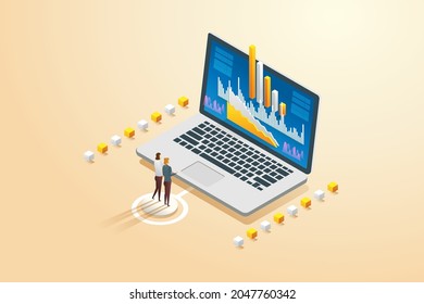 Businesswomen two using computer to analyze data the statistical analysis and diagram. Data analysis concept infographic. isometric vectror illustration.