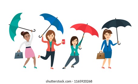 businesswomen with umbrella set on white background