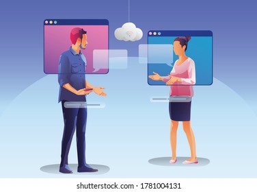 Businesswomen use Video conference landing. People on window screen taking with colleagues. Videoconferencing and online meeting workspace page, men and women learning. Vector illustration