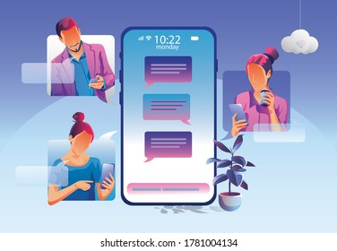 Businesswomen use Video conference landing. People on window screen taking with colleagues. Videoconferencing and online meeting workspace page, men and women learning. Vector illustration