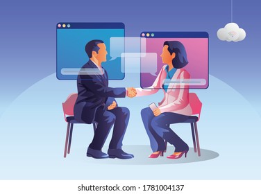 Businesswomen use Video conference landing. People on window screen taking with colleagues. Videoconferencing and online meeting workspace page, men and women learning. Vector illustration
