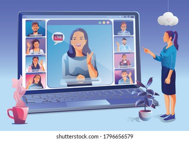 Businesswomen use Video conference landing. People on window screen taking with colleagues. Videoconferencing and online meeting workspace page, men and women learning. Vector illustration, Flat