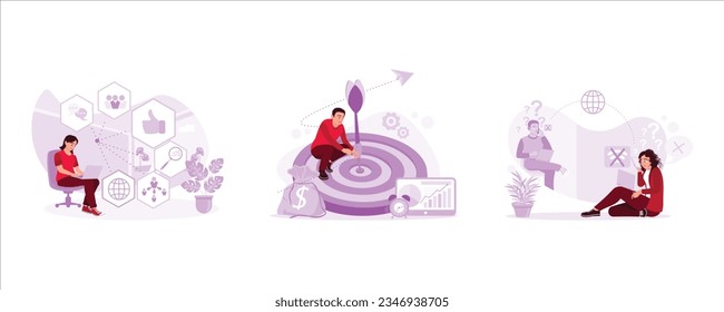 Businesswomen using computers for meetings. Concept of business success. Men and women with communication disorders. Meeting concept. Set Trend Modern vector flat illustration