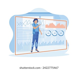 Businesswomen using the digital business interface on a virtual screen. Finance and innovation concept.  trend flat vector modern illustration 
