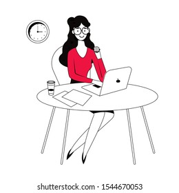 Businesswomen using laptop and computer while doing some paperwork at the office. Cartoon flat vector illustration in line style.