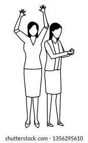 Businesswomen using smartphone cartoon in black and white