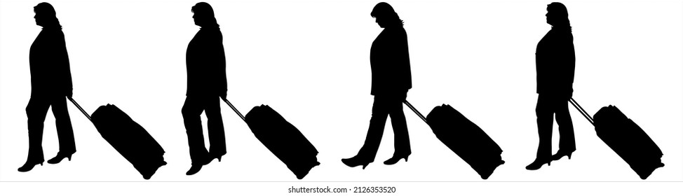 Businesswomen walk one after another with luggage on wheels. Business trip. Businesswoman in a pantsuit with a large bag on wheels. Side view. Four female black silhouettes isolated on white.
