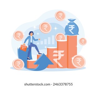 Businesswomen are walking on an increasing graph. Rupee money bags are at the top of the charts. Business Growth concept. Flat vector illustration.