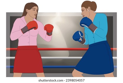 Geschäftsfrauen, die Boxhandschuhe tragen, die in einem Streichholz mit Boxring auf dem Hintergrund