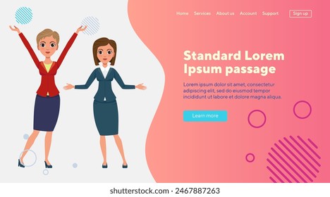 Businesswomen welcoming partners. Female cartoon characters with open and raised hands flat vector illustration. Business, greeting, partnership concept for banner, website design or landing page