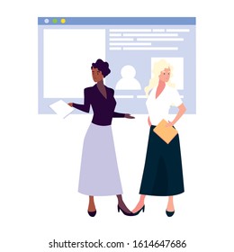businesswomen in the work office making presentation vector illustration design