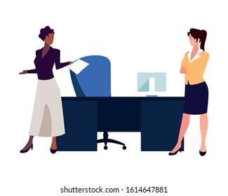 businesswomen in the work office on white background vector illustration design