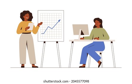 Businesswomen work together on a project in the office. Colleagues discuss strategic with each other. Female entrepreneurs during brainstorming. Effective and productive teamwork. Vector illustration