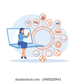 Businesswomen are working with laptop computers and smartphones with virtual icons. Businesswoman working in modern office. Digital Business concept. Trend Modern vector flat illustration