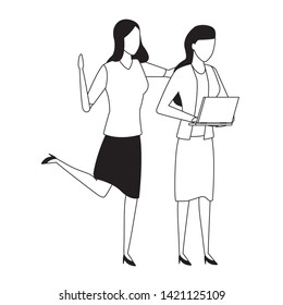 Businesswomen working with office documents in black and white isolated faceless avatar vector illustration graphic design