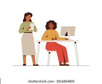 Businesswomen working on a joint project. Smiling female co-workers and entrepreneurs in the office on computers. Concept of business partnership and collaboration of girls. Vector illustration