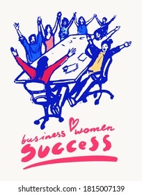 Businesswomen working on a new project. Business meeting, teamwork. Hand drawn vector illustration, sketch