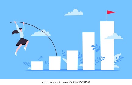 Busineswoman jumps pole vault over graph bars flat style design vector illustration business concept. Business growth and goal achievement concept.