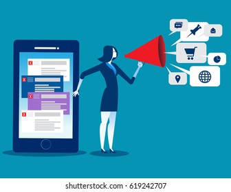 Busineswosman using technology for marketing. Concept business marketing illustration. Vector cartoon flat