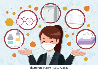 busineww woman with mask introduce feature of hay fever on the blue background