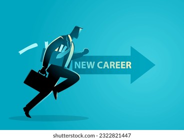 Businness concept illustration of a businessman running with office personal belongings pursuing a new career, vector illustration