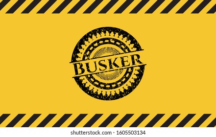 Busker Black Grunge Emblem Inside Yellow Warning Sign. Vector Illustration. Detailed.