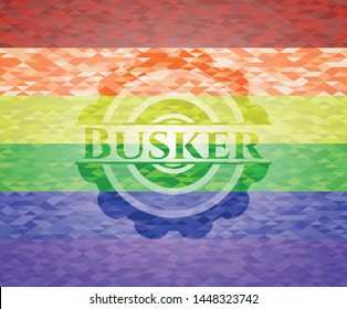 Busker emblem on mosaic background with the colors of the LGBT flag