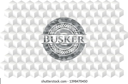 Busker grey badge with geometric cube white background