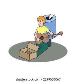 Busker Play Guitar With Box Vector Illustration