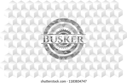 Busker retro style grey emblem with geometric cube white background