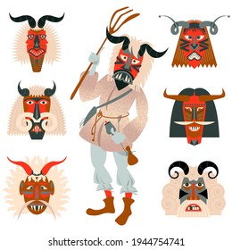 Busos.Traditional carved wood masks for The Busojaras (Hungarian, meaning “Buso-walking”) carnival procession in Mohacs, Hungary. Vector illustration
