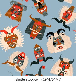 Busos.Traditional carved wood masks for The Busojaras (Hungarian, meaning “Buso-walking”) carnival procession in Mohacs, Hungary. Vector illustration Seamless background pattern. Vector illustration