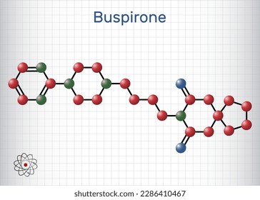 Buspirone molecule. It is anxiolytic drug for treatment of anxiety, depression. Structural chemical formula and molecule model. Sheet of paper in a cage. Vector illustration