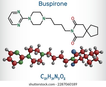 Buspirone molecule. It is anxiolytic drug for treatment of anxiety, depression. Structural chemical formula and molecule model. Vector illustration