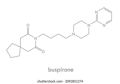 Estructura de Buspirone. Molécula de un fármaco utilizado en el tratamiento de la ansiedad. Fórmula esquelética.