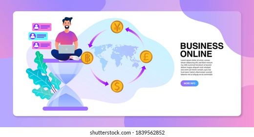 Bussessman and laptop on hourglass with money and coins.The concept of time management and financial control. A successful financial investment. Financial currency exchange. vector illustration.