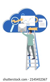 Bussines Concept .Man putting floder on cloud.Vector Illustration