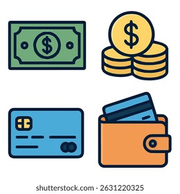 Conjunto de iconos de negocios con color aislado. Dinero, moneda, tarjeta de crédito y billetera digital.